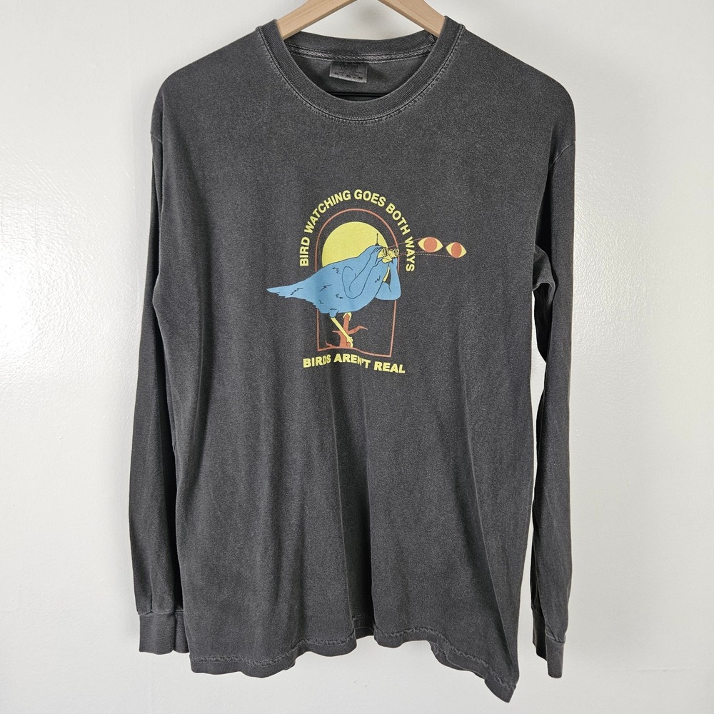 Comfort Colors Birds Aren't Real Long Sleeve Tee Sz M Grey Funny Satire